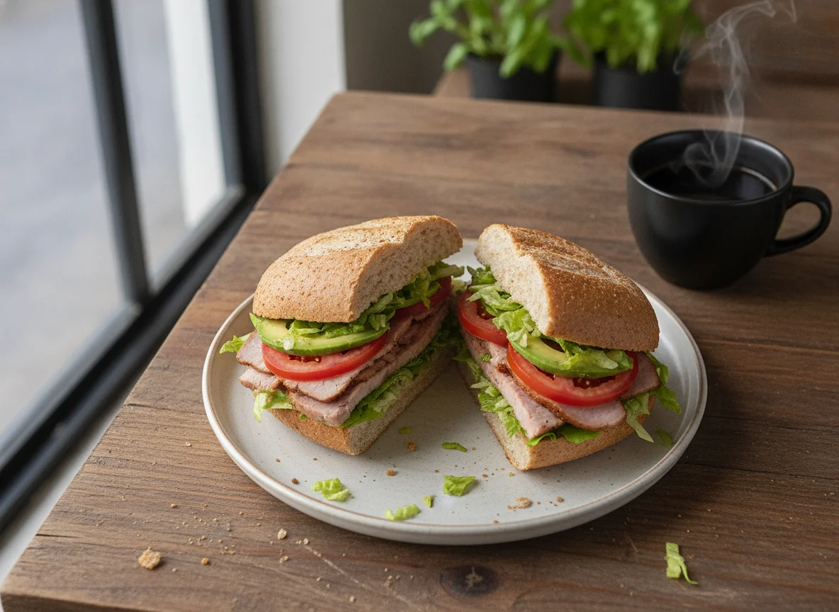 Torta de lomo de cerdo con lechuga y aguacate photo