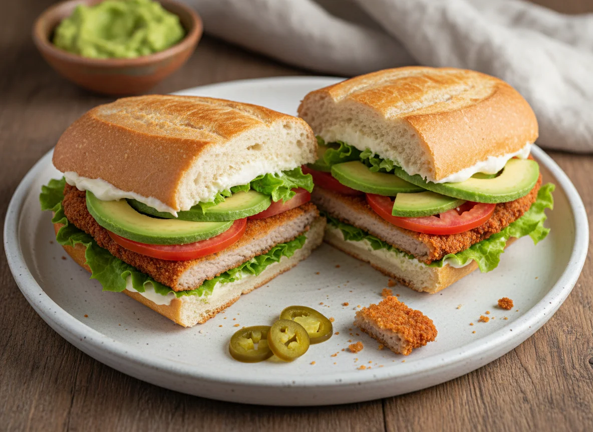 Torta de milanesa con aguacate y jalapeños photo