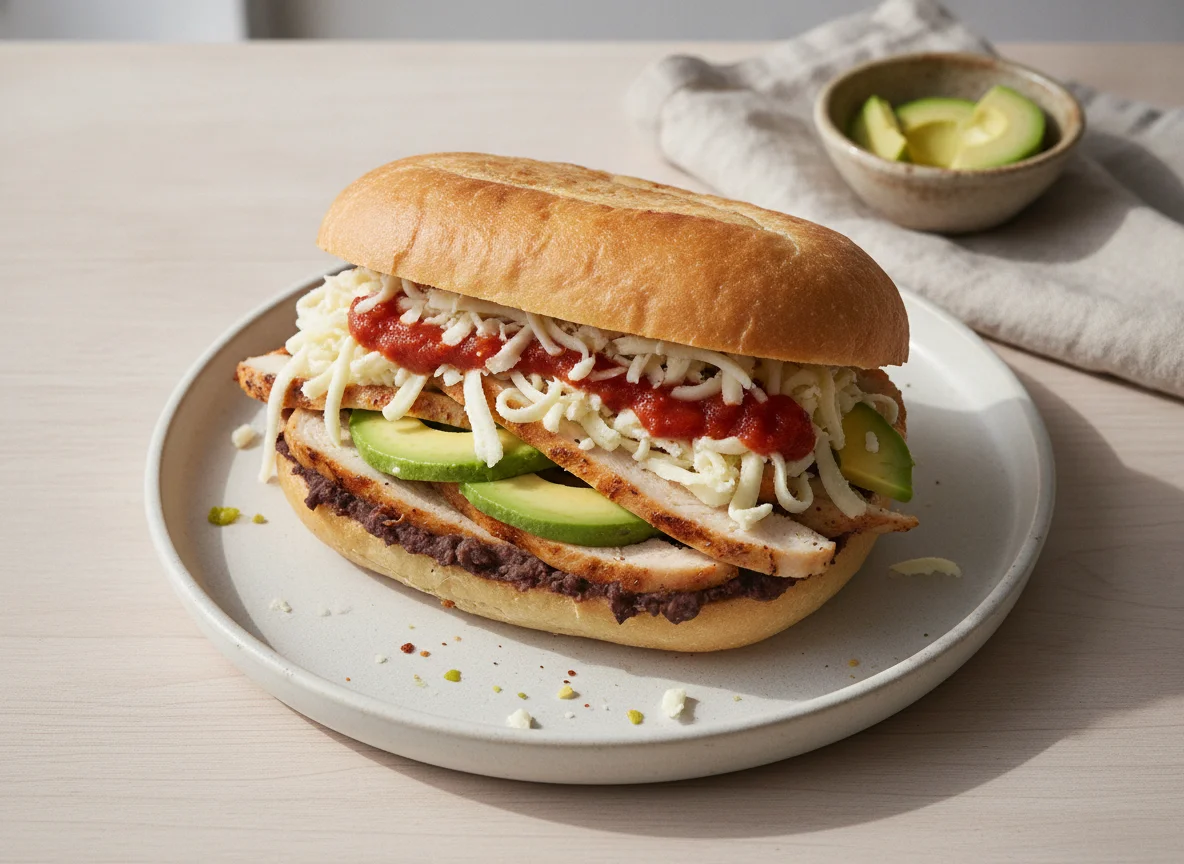 Torta de pechuga de pollo con queso Oaxaca photo