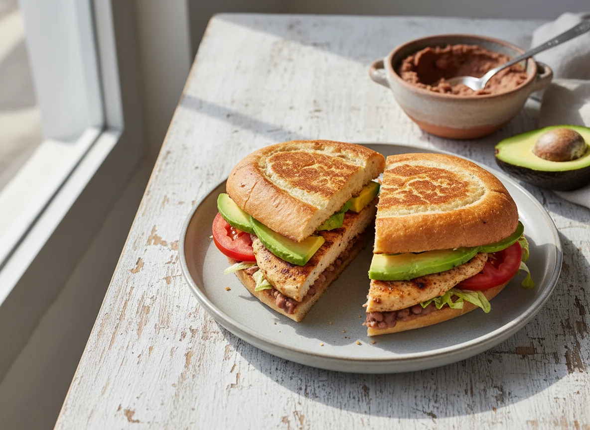 Torta de pollo con aguacate y frijoles photo