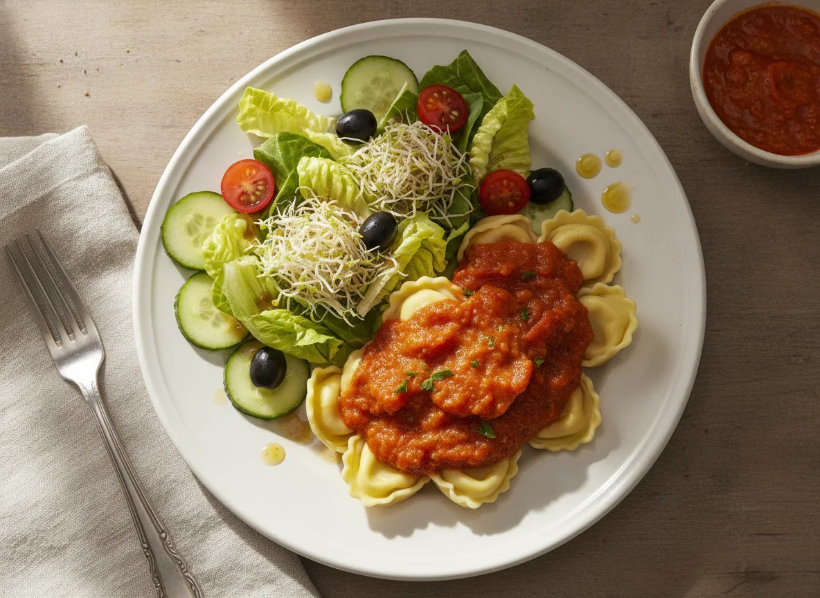 Tortellini con salsa de tomate y ensalada fresca photo