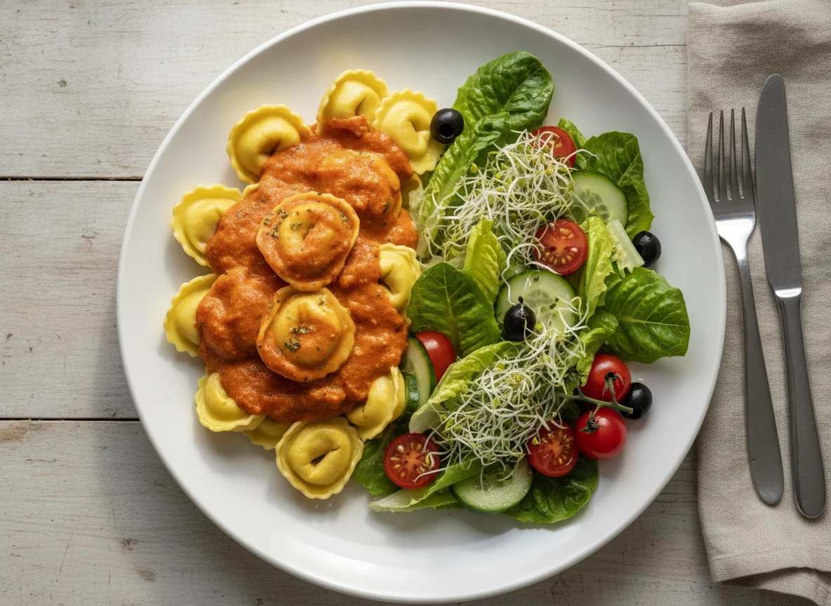 Tortellini con salsa de tomate y ensalada mixta photo