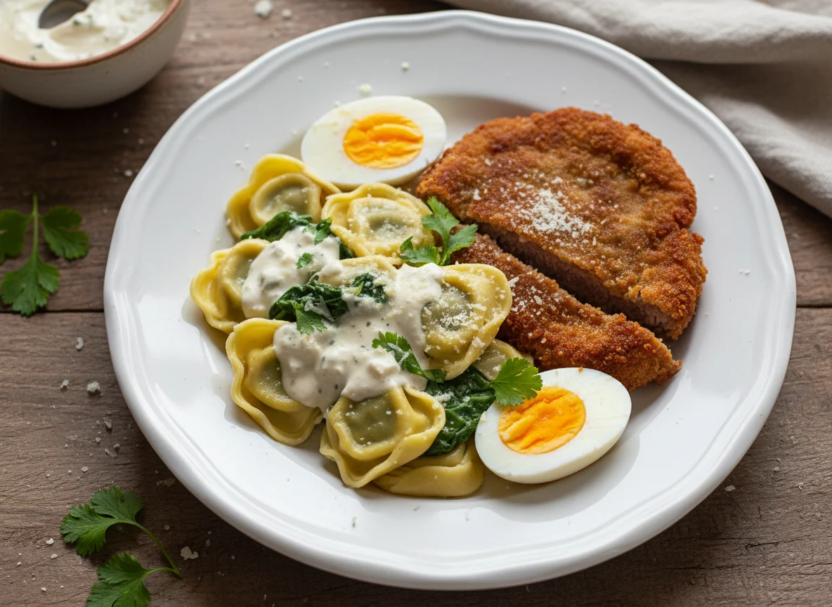 Tortellinis con milanesa y huevo duro photo
