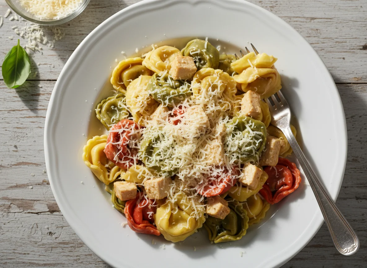 Tortellinis con pollo y queso rallado photo