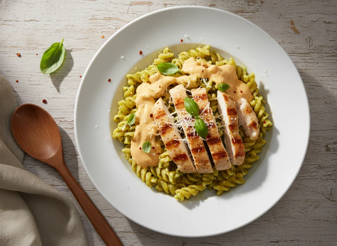 Tortiglioni con pollo y salsa cremosa de queso photo