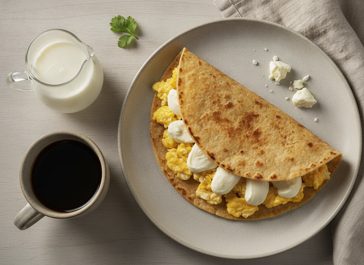 Tortilla casera con huevos revueltos y queso photo