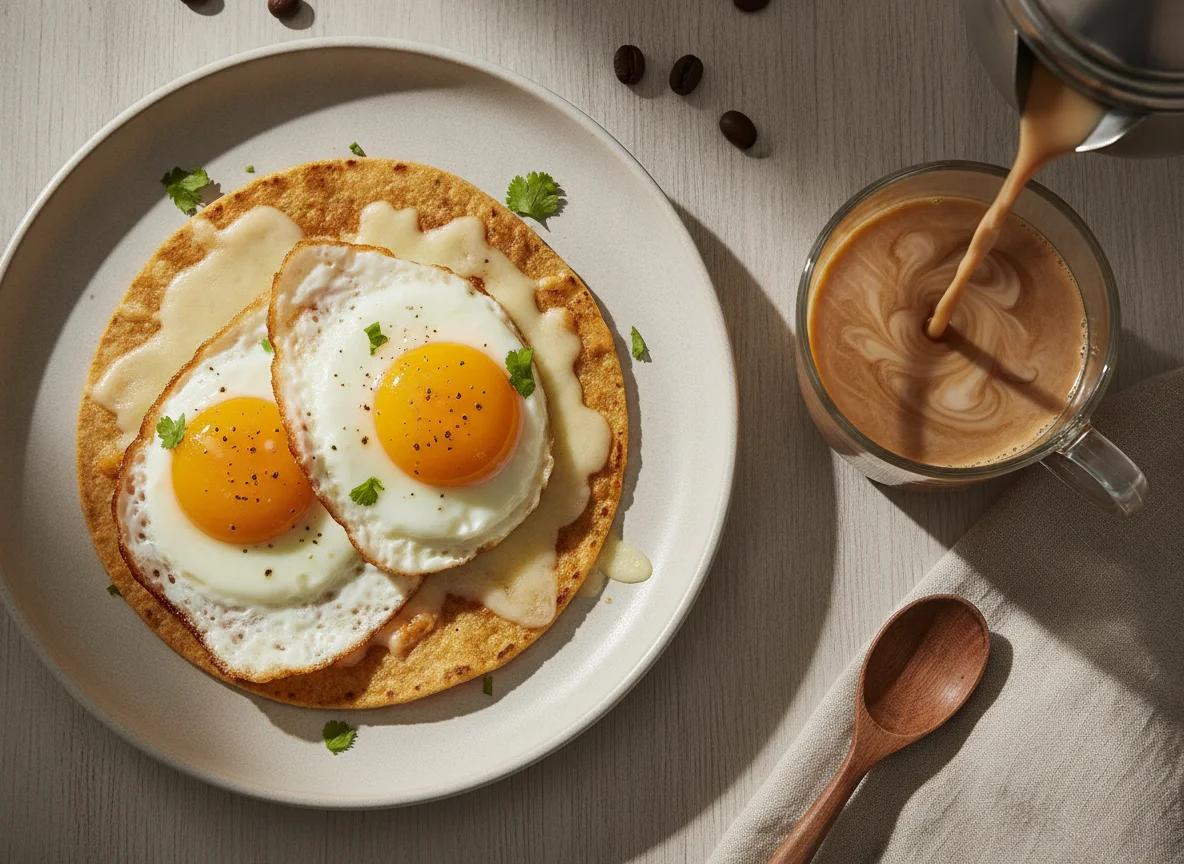 Tortilla con huevo frito, queso y café con leche photo