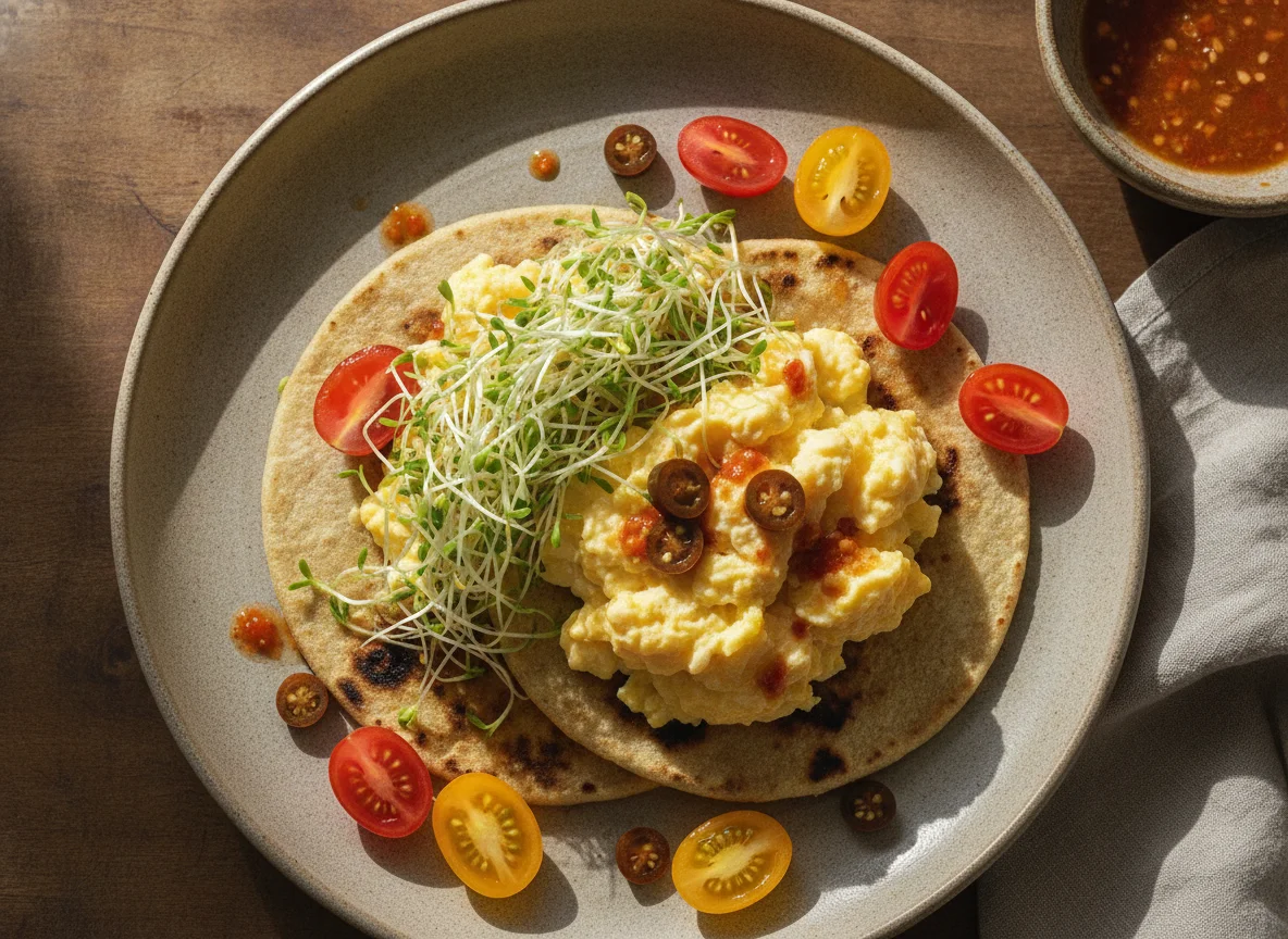 Tortilla con huevo, germinado y tomates cherry photo