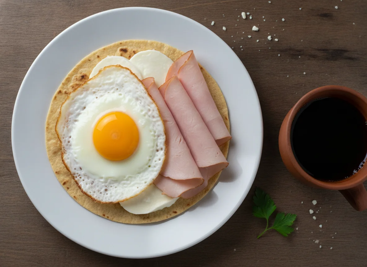 Tortilla con huevo, jamón de pavo, queso y café photo