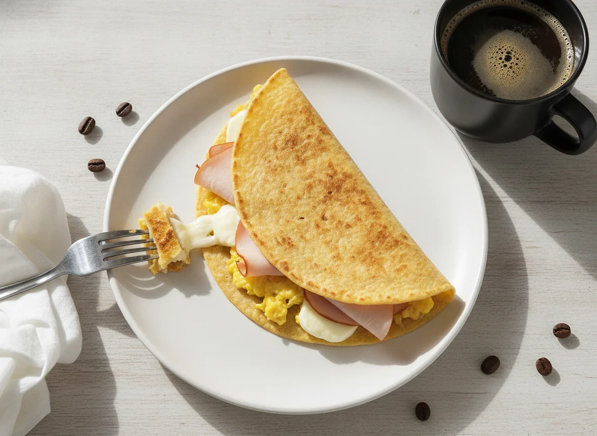 Tortilla con huevo, jamón de pavo y queso mozzarella photo
