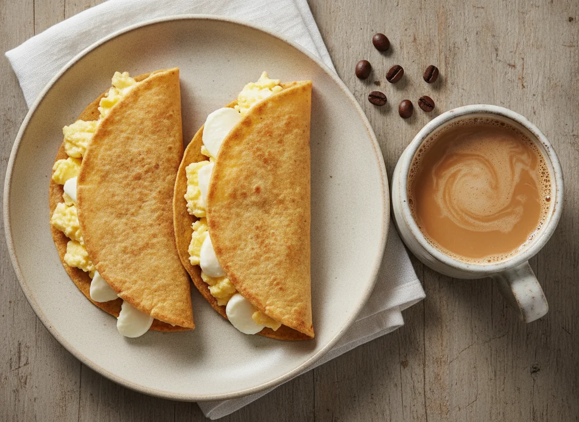 Tortilla con huevo, queso y café con leche photo