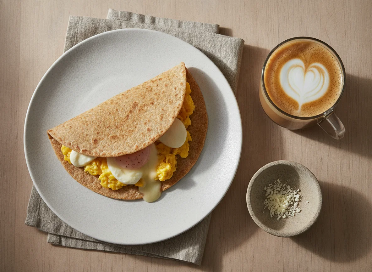 Tortilla con huevo y queso con café con leche photo