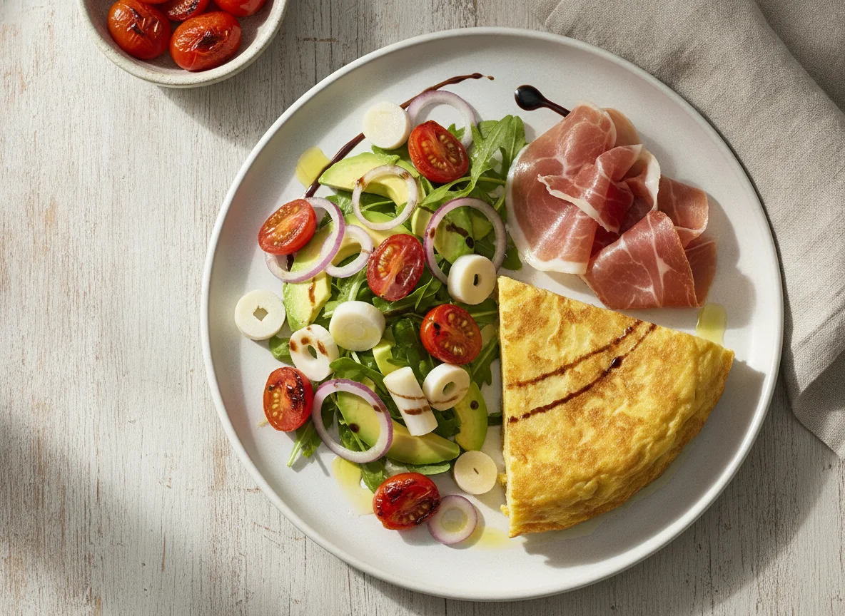 Tortilla con jamón serrano y ensalada de tomate y cebolla photo