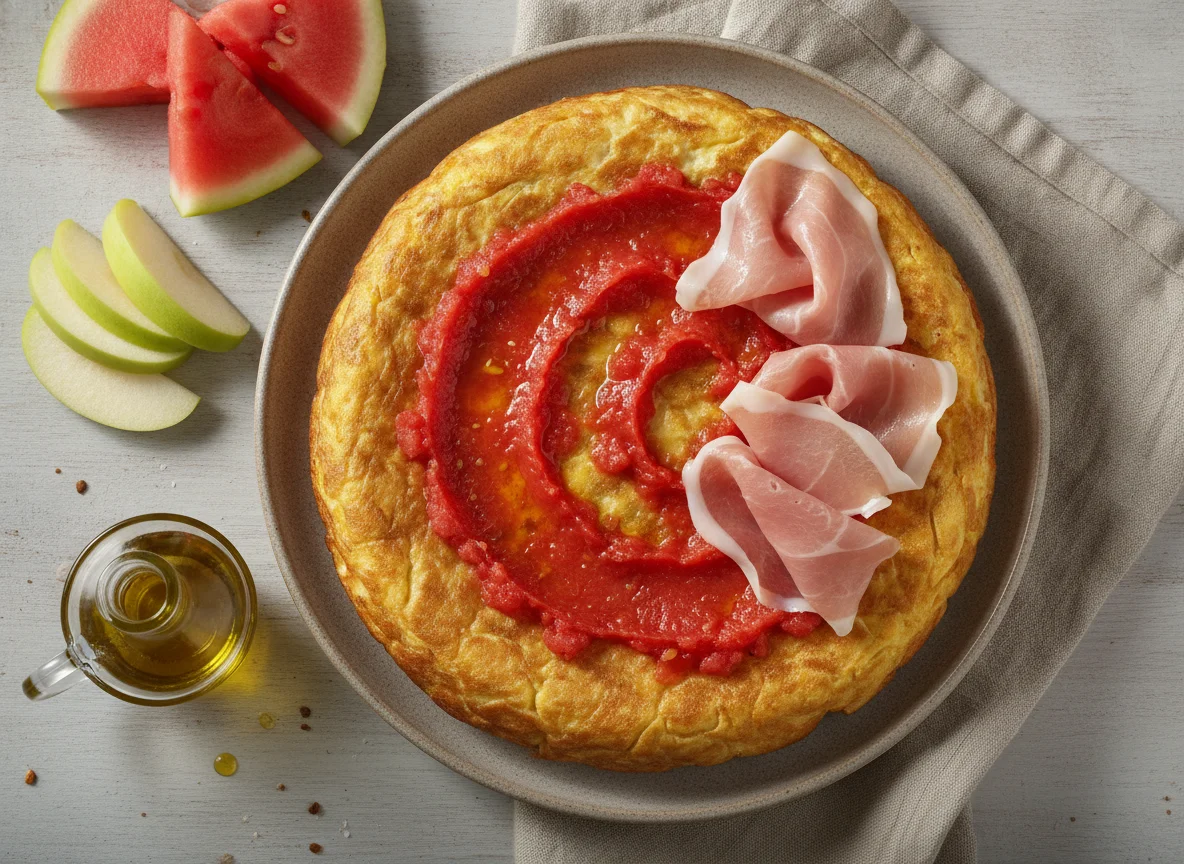 Tortilla con jamón, tomate y fruta photo