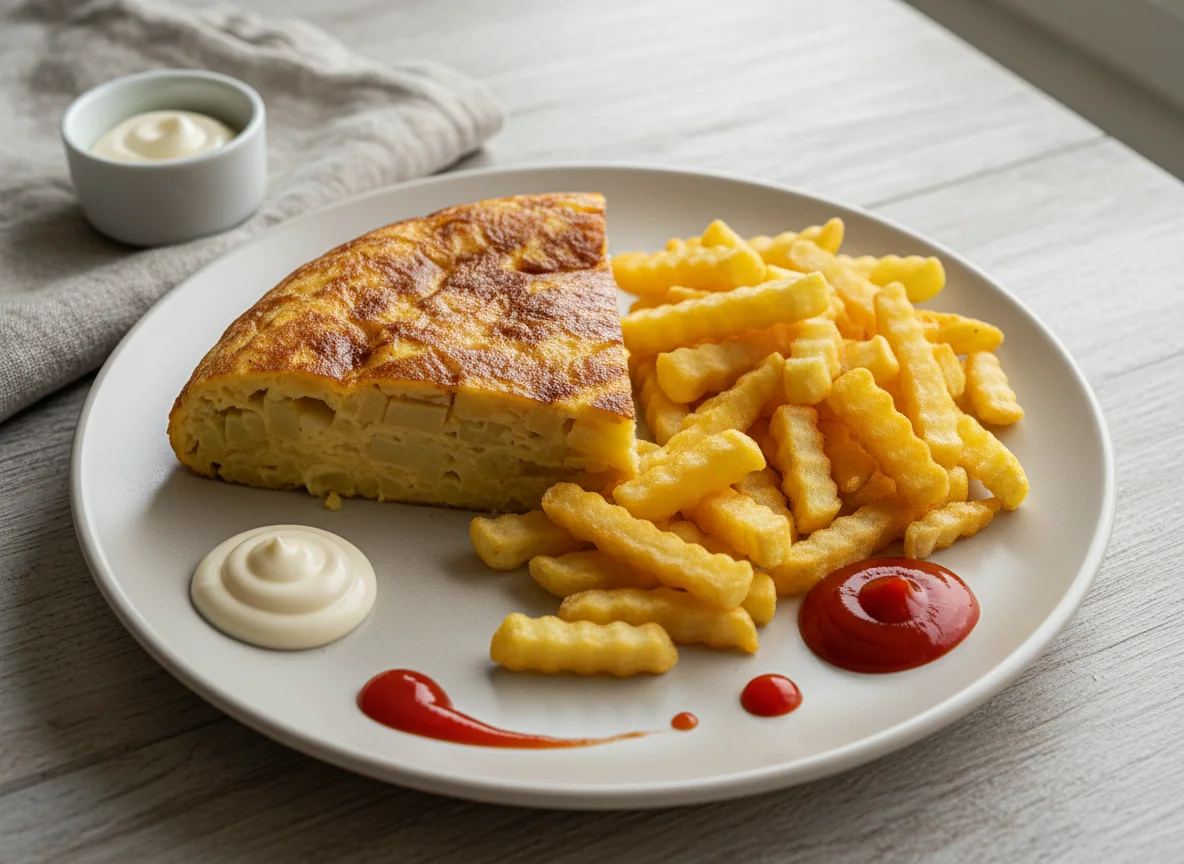 Tortilla con patatas fritas y salsas photo
