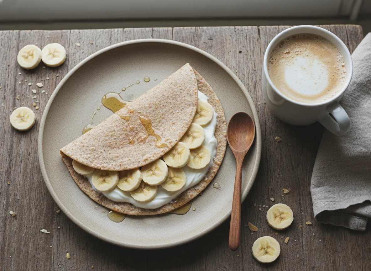 Tortilla con plátano y yogur con café photo