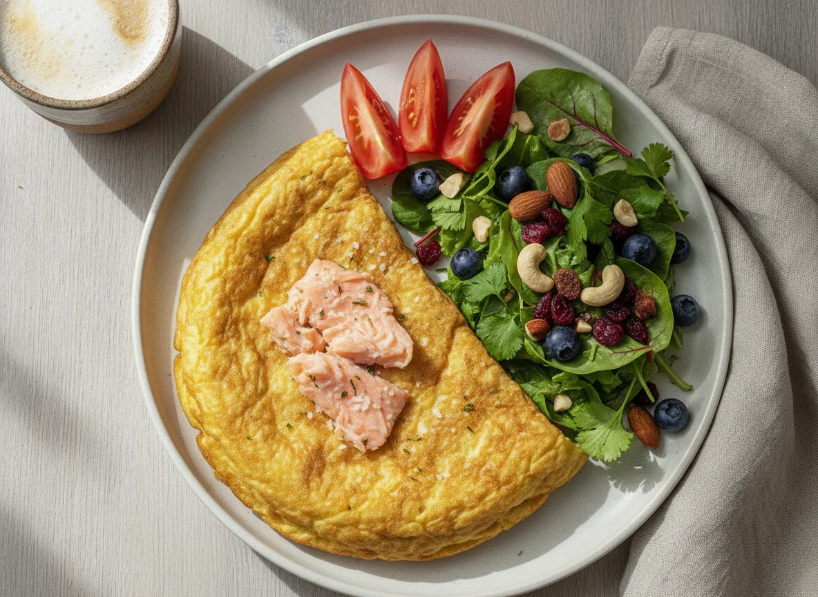 Tortilla con trucha, tomate y ensalada photo