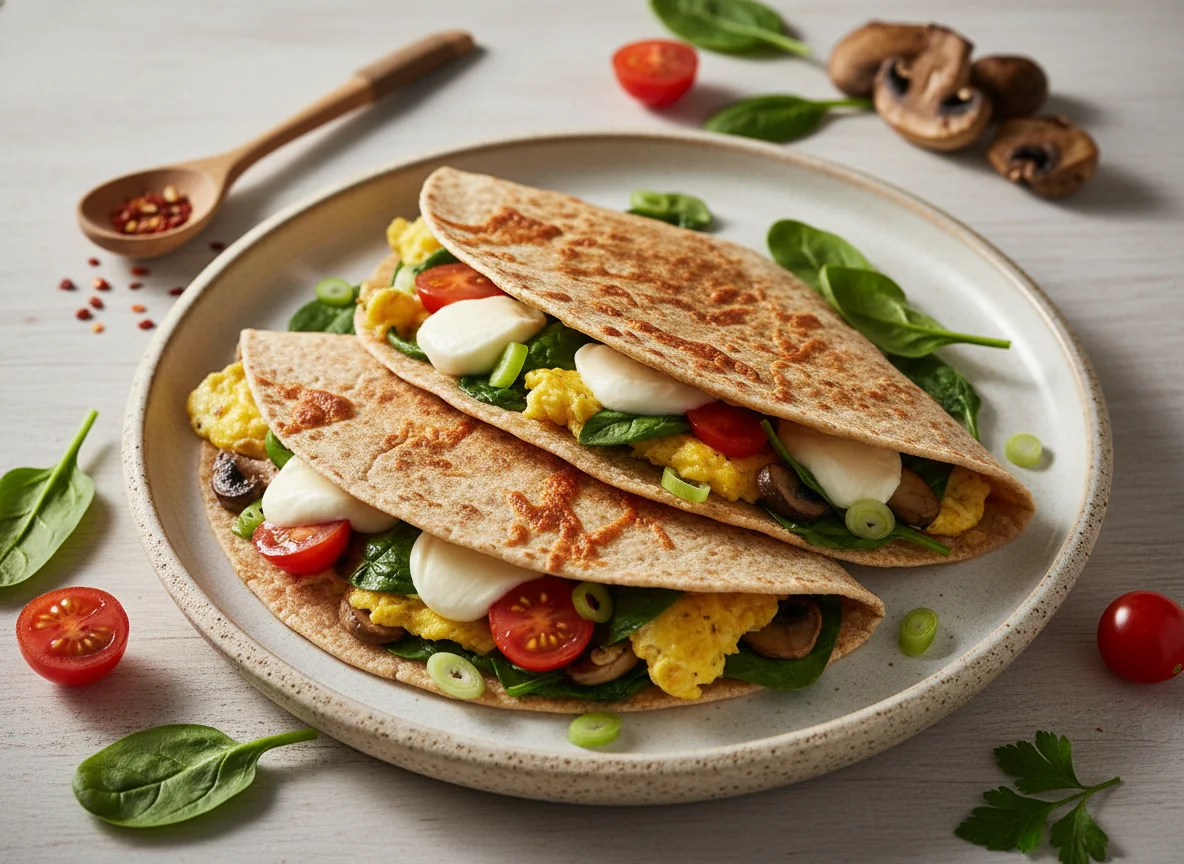 Tortilla con verduras y champiñones en tortilla de trigo photo