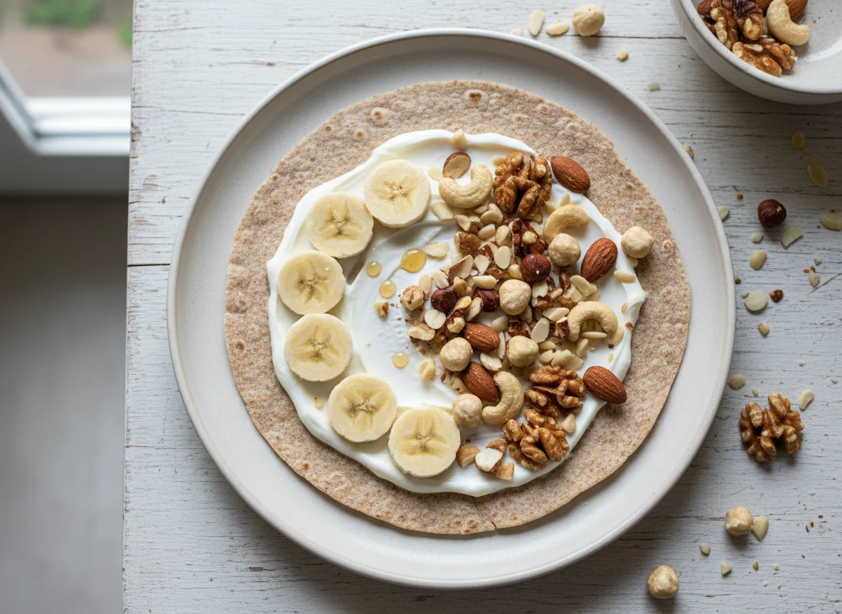 Tortilla con yogur, plátano y frutos secos photo