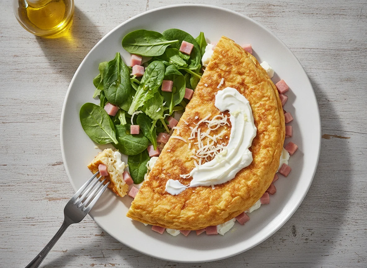 Tortilla de 3 huevos con jamón, queso y ensalada photo