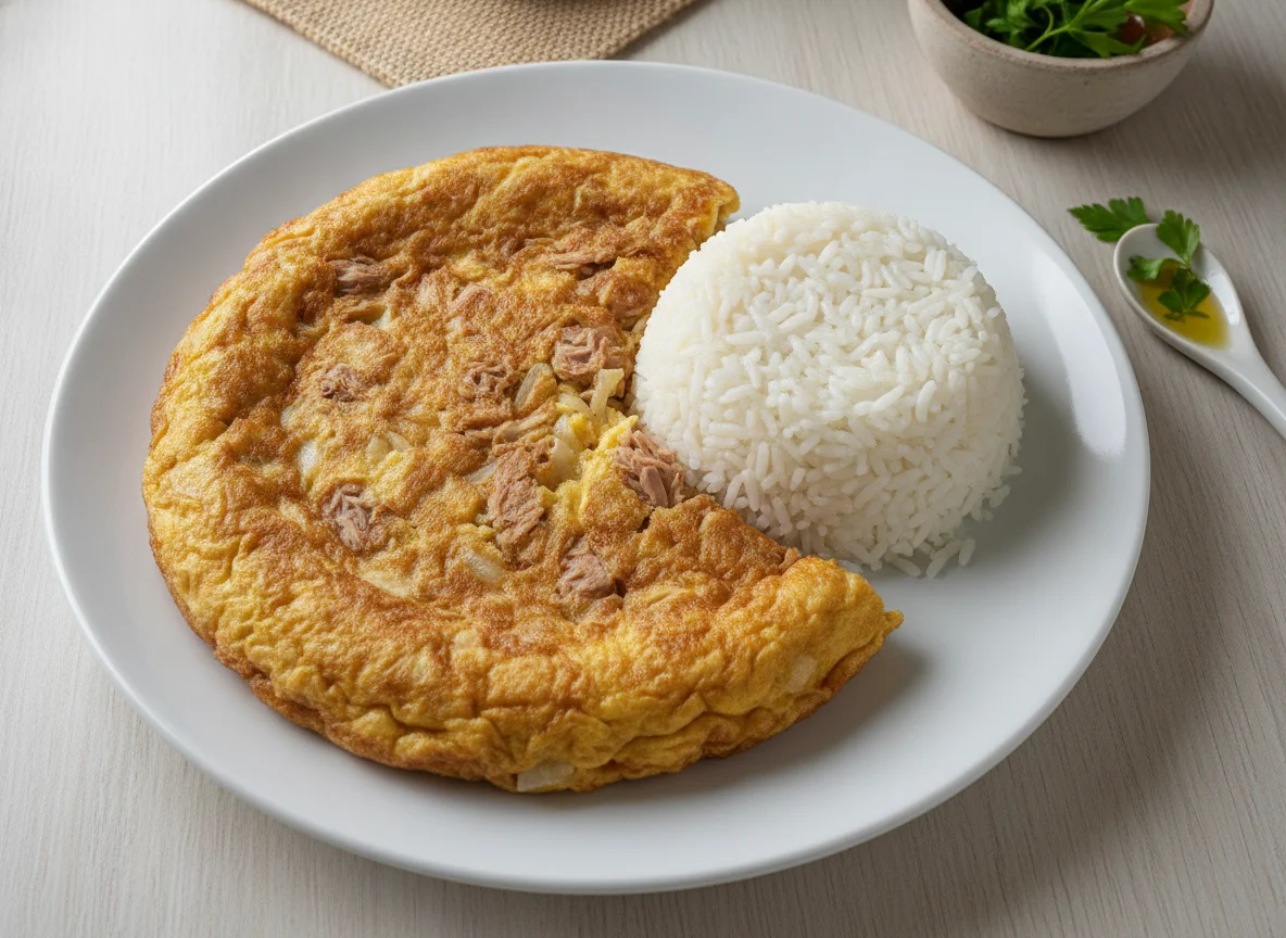 Tortilla de atún con arroz blanco photo