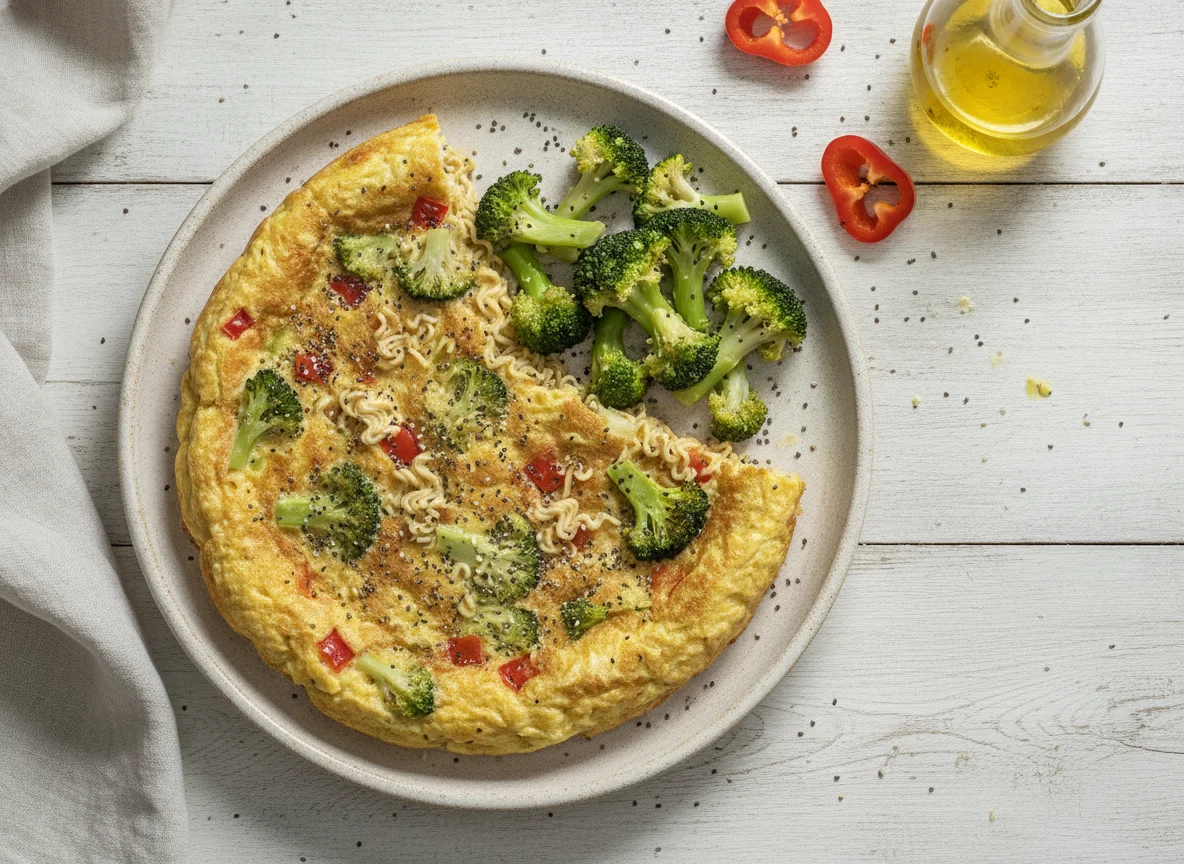 Tortilla de brócoli con fideos y brócoli al vapor photo