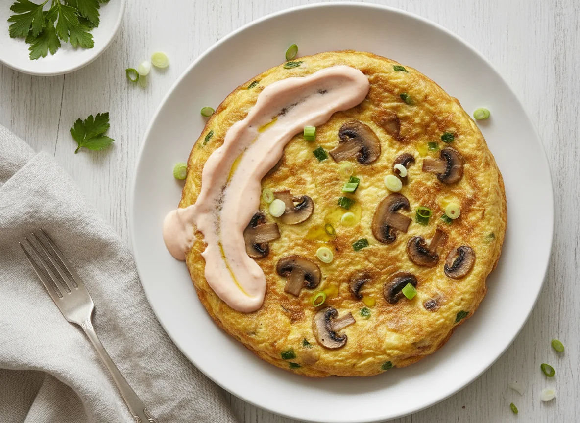 Tortilla de champiñones con salsa rosa photo