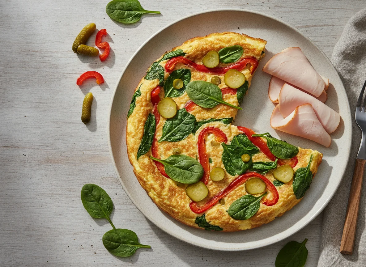 Tortilla de claras con espinacas, pimientos y pepinillos photo