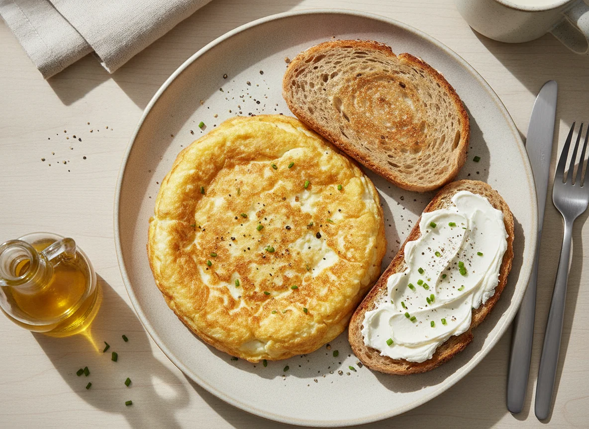 Tortilla de claras con pan tostado y queso crema photo