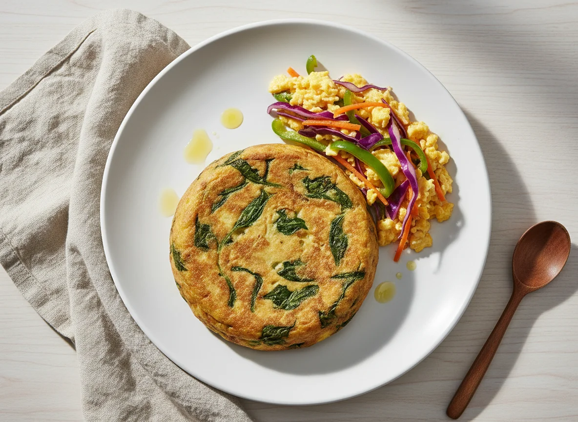 Tortilla de espinacas y revuelto de huevo con verduras photo