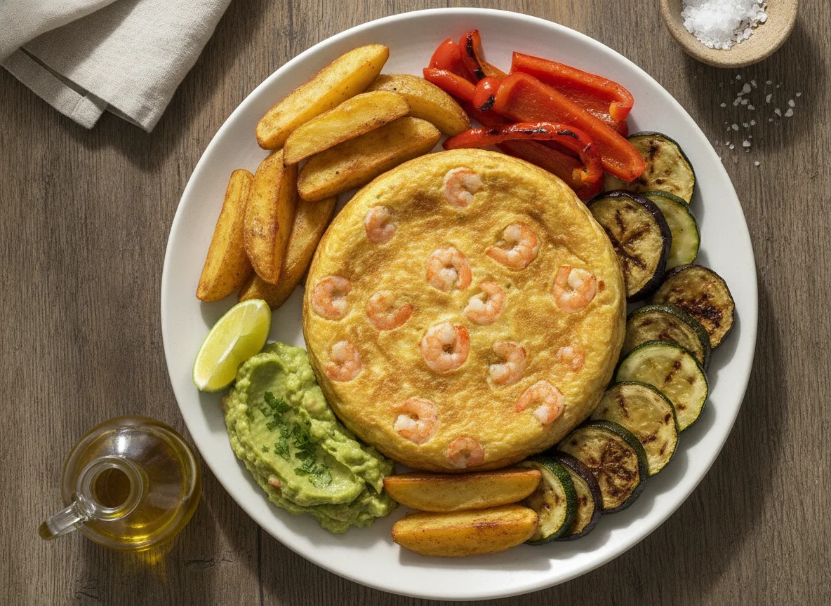 Tortilla de gambas con verduras asadas y guacamole photo