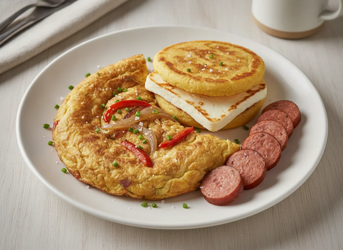 Tortilla de huevo con arepa y queso photo