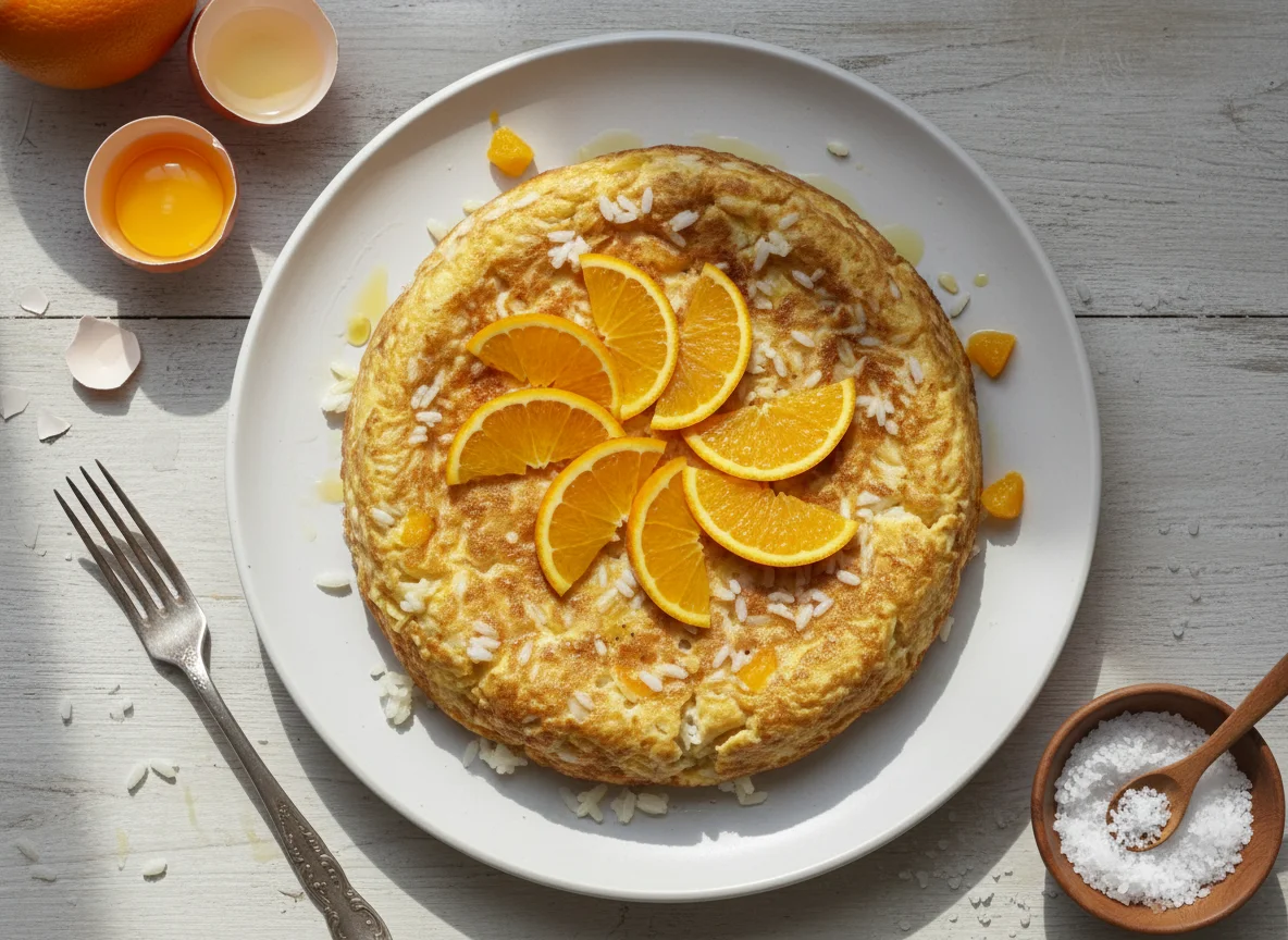 Tortilla de huevo con arroz y naranja photo