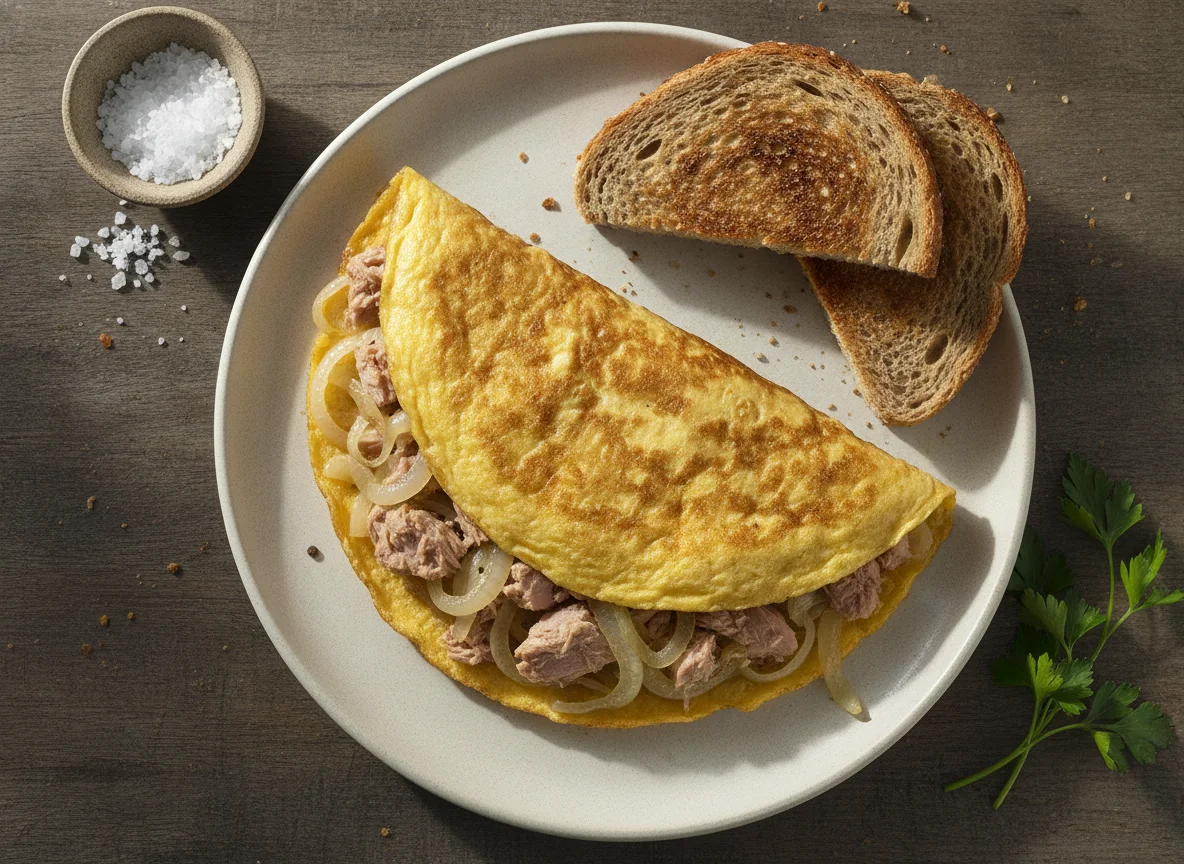 Tortilla de huevo con atún encebollado y pan tostado photo
