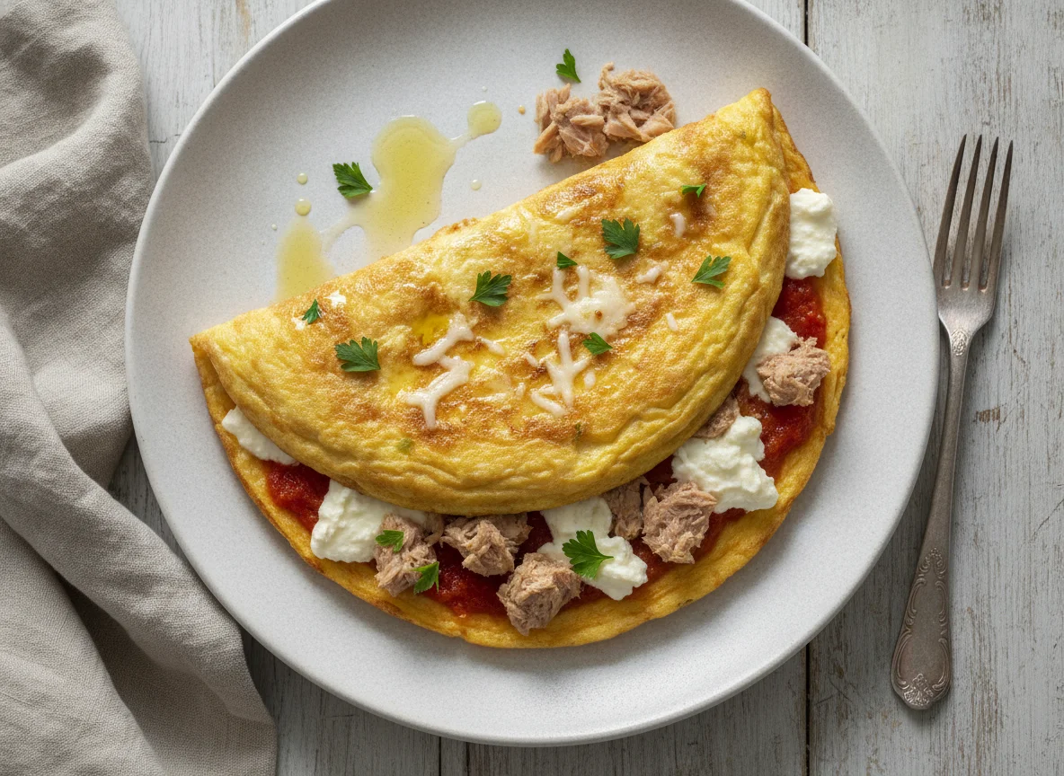 Tortilla de huevo con atún, tomate y queso photo