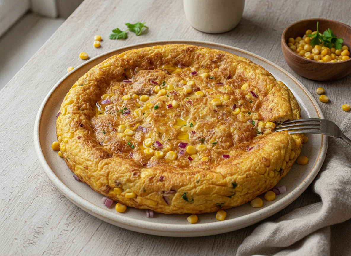 Tortilla de huevo con atún y maíz photo