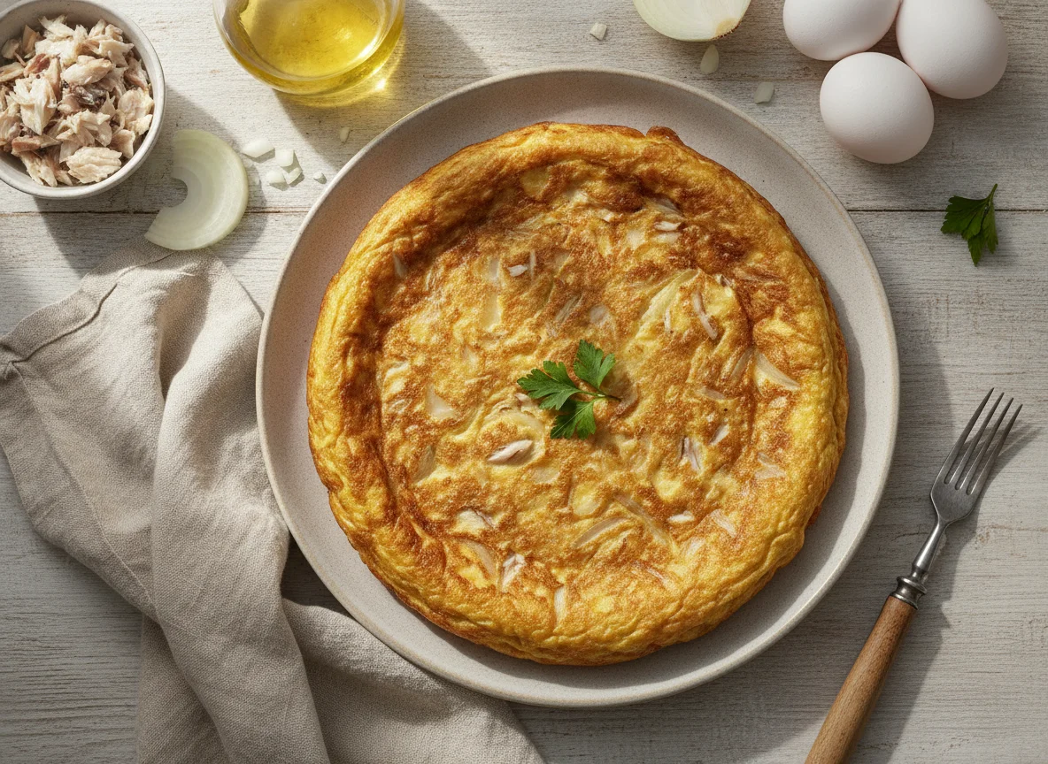 Tortilla de huevo con cebolla y pescado desmenuzado photo