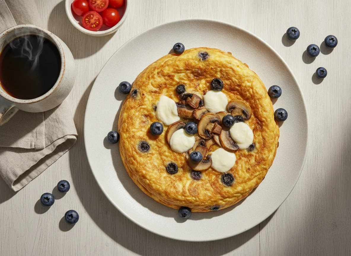 Tortilla de huevo con champiñones, queso y arándanos photo