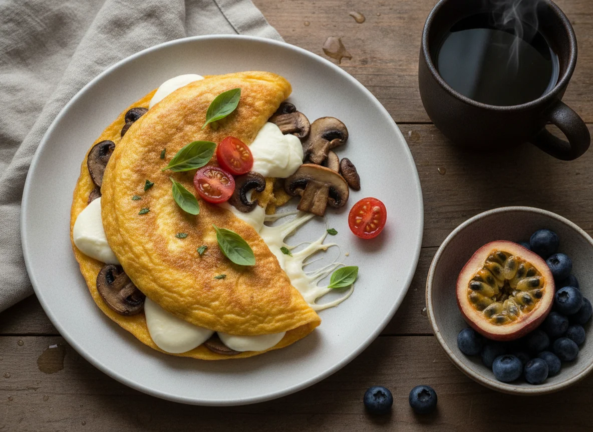 Tortilla de huevo con champiñones, queso y fruta photo