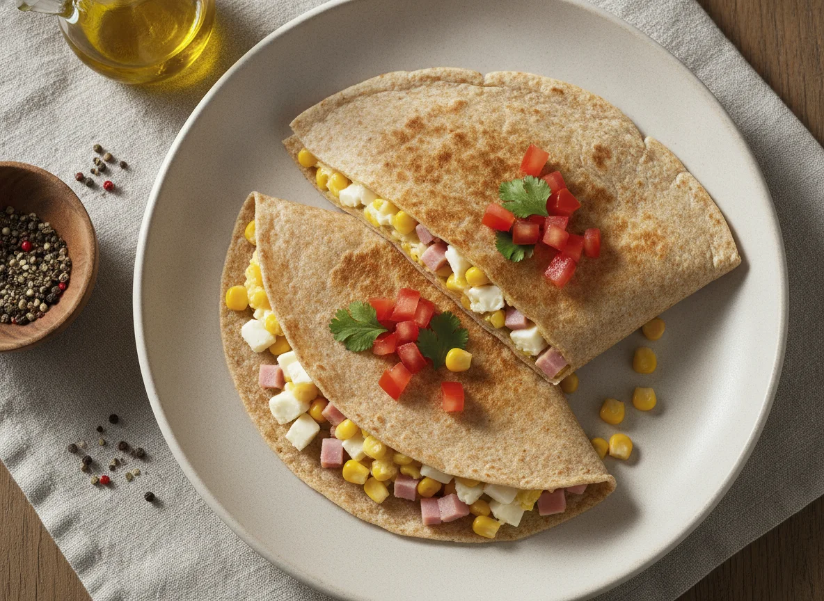 Tortilla de huevo con jamón, queso y maíz photo