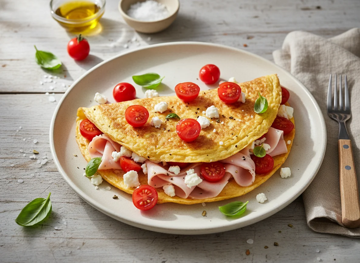 Tortilla de huevo con jamón, queso y tomate cherry photo