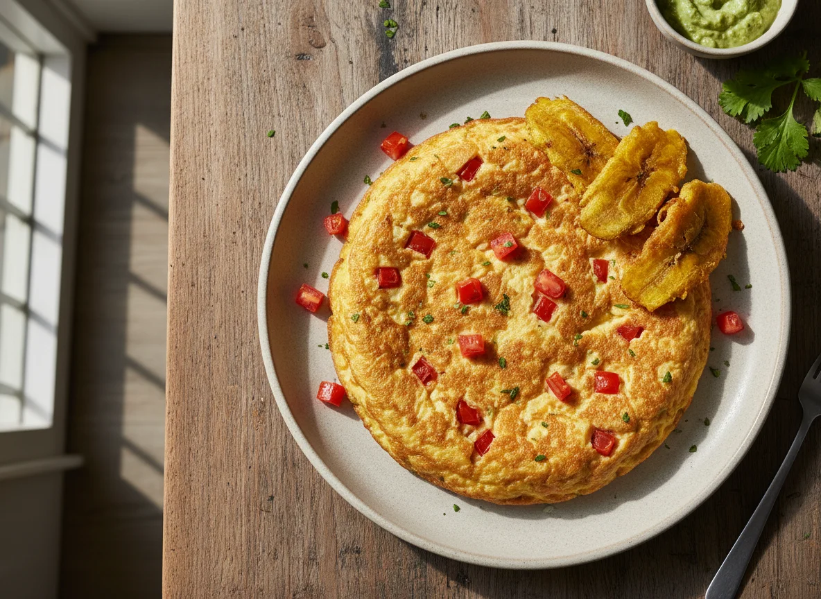 Tortilla de huevo con plátano frito photo