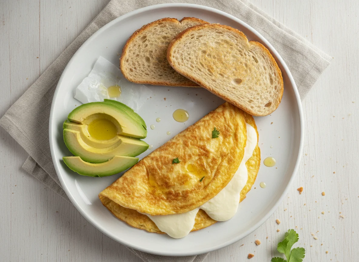 Tortilla de huevo con queso, pan integral y aguacate photo