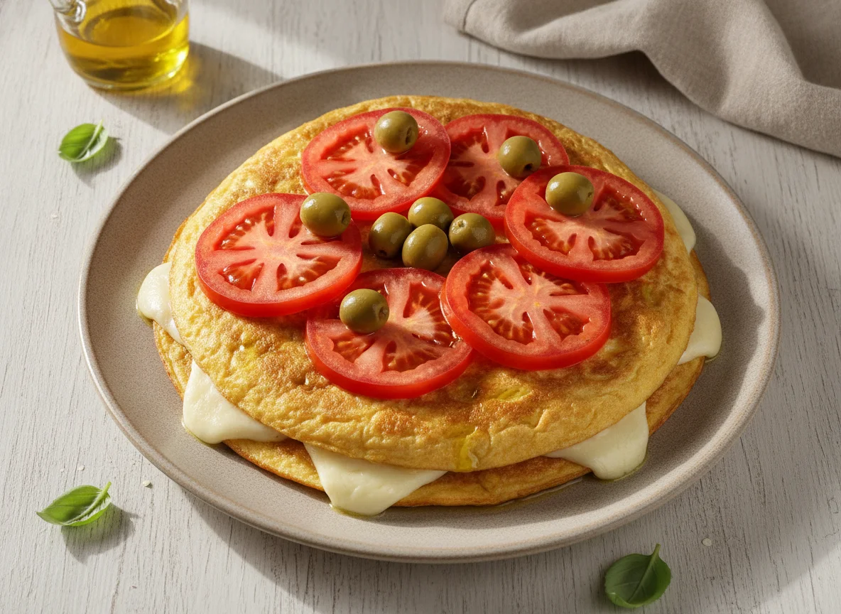 Tortilla de huevo con queso, tomate y aceitunas photo