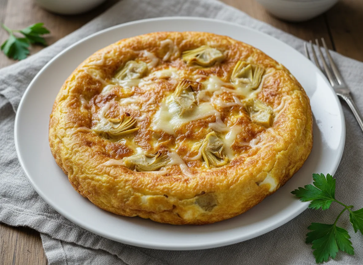 Tortilla de huevo con queso y alcachofas salteadas photo