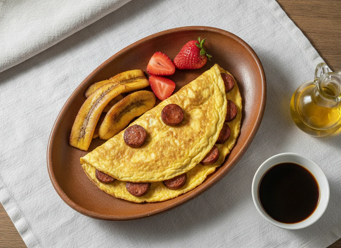 Tortilla de huevo con salchicha, plátano maduro y fresas photo