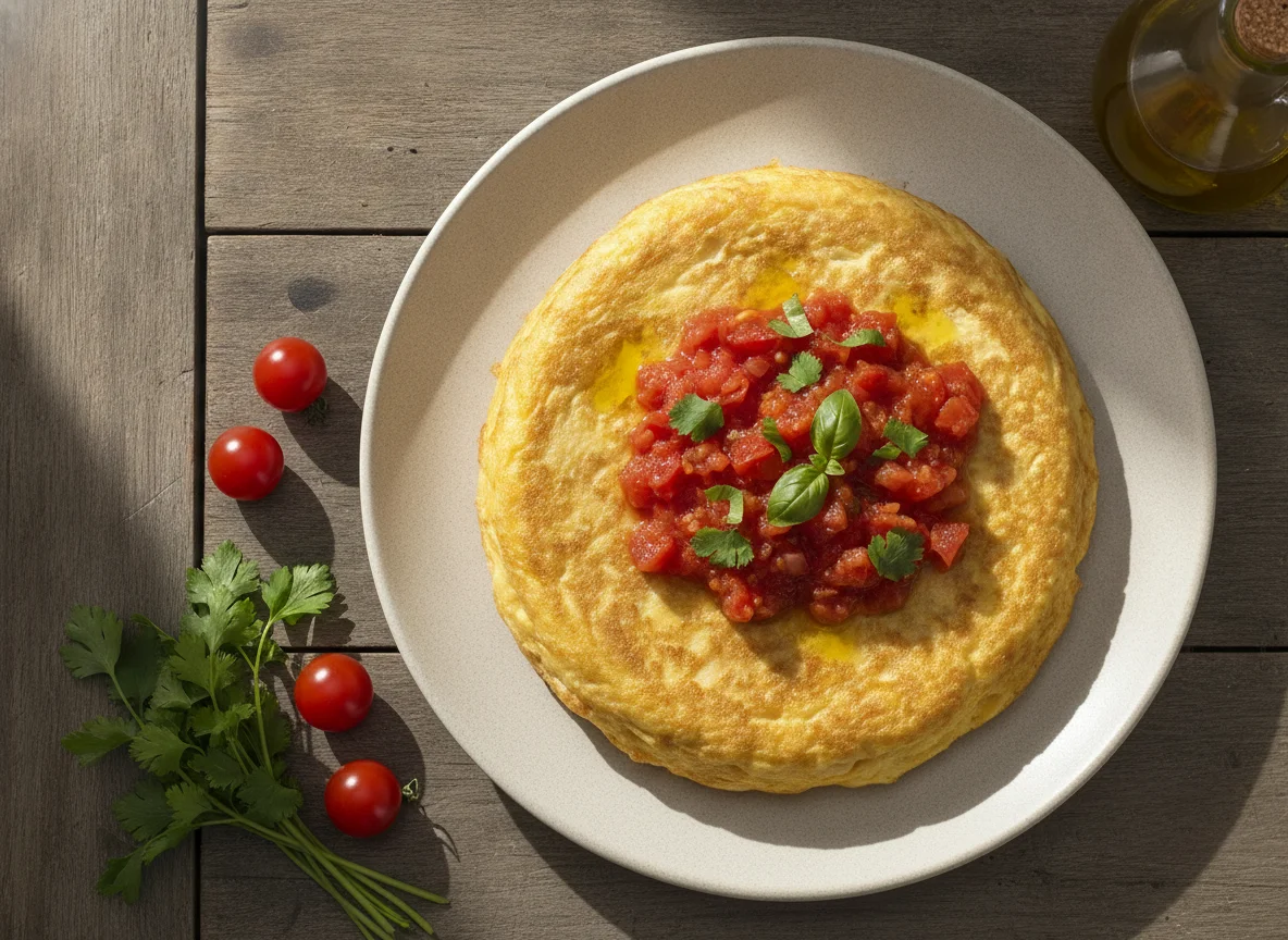 Tortilla de huevo con salsa de tomate photo