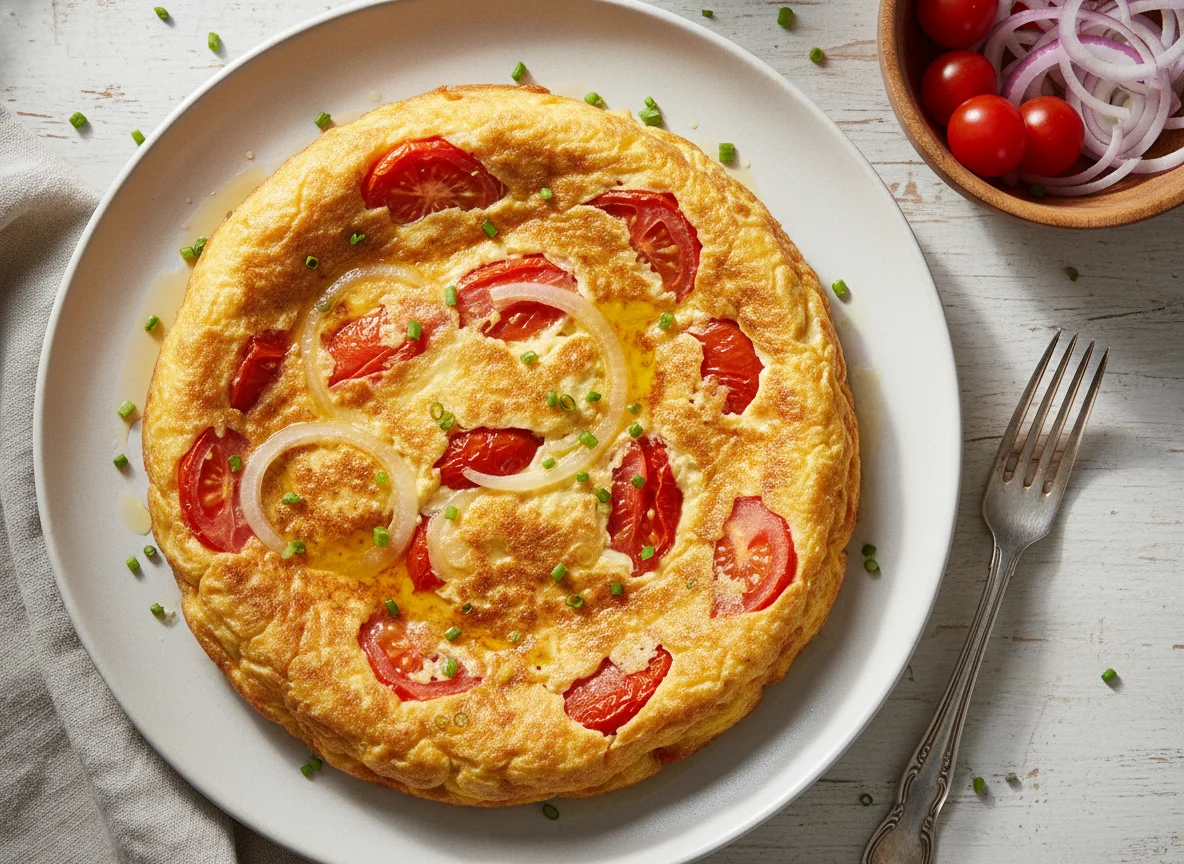 Tortilla de huevo con tomate y cebolla photo