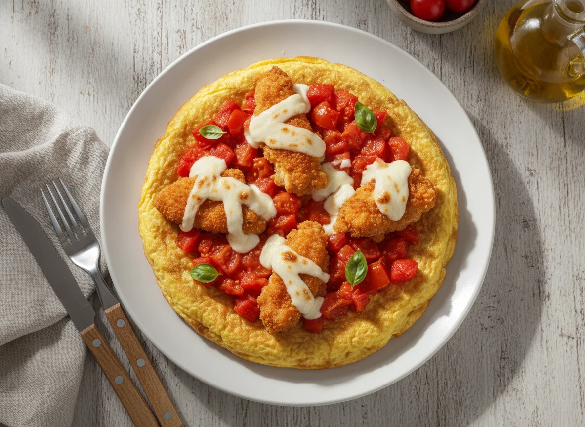 Tortilla de huevo con tomate y pollo empanizado photo