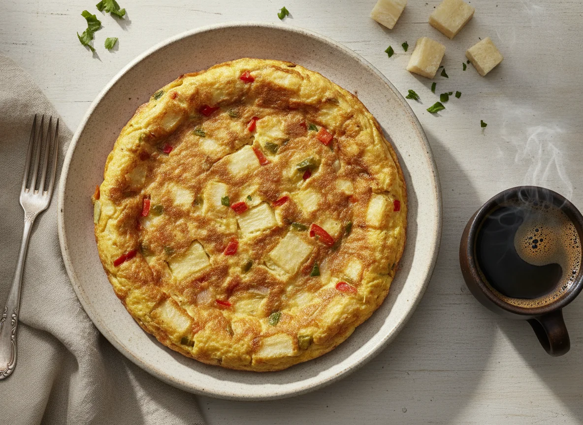 Tortilla de huevo con yuca y café photo